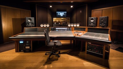 A fully equipped recording studio with a giant soundboard, audio hardware, speakers, monitors, and acoustically treated for optimal sound quality, generative ai