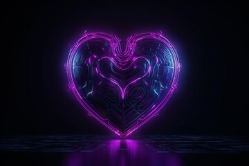 Pink Violet Neon Heart. Abstract heart isolated on black background. Glowing art. Modern minimal concept. Festive illustration for Valentine day. Copy space,  Generative AI