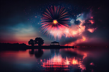 fireworks in the night sky over water with trees and clouds reflecting in the water on the right side of the image. Generative AI