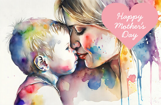 colorful mother and child watercolor with happy mother's day text, made with generative ai
