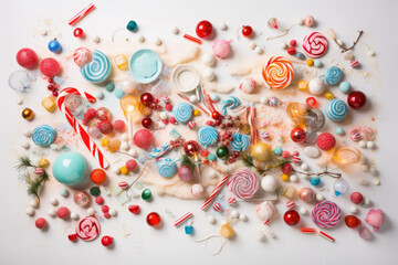some candy and candis on a white background with copy space in the top right corner to the left side. Generative AI