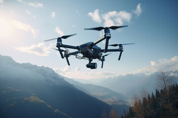 Fototapeta na wymiar Drone with camera flying in blue sky in mountains in nature. Modern technologies. Generative AI