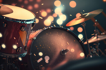 Close-up musical drum set, percussion instrument. Generative AI illustration - obrazy, fototapety, plakaty