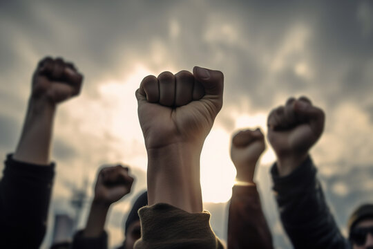 Protest, revolution, fight for rights concept. Close-up of raised fists in a cloudy sky. Generative AI