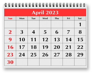 Page of the annual monthly calendar - April 2023