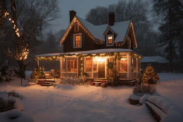 a house covered in snow with christmas lights on the front porch and trees behind it, all lit up at night. Generative AI