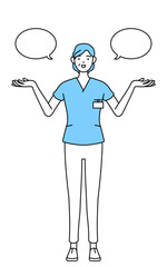 ふきだしつき、比較をする中年・シニア女性看護師、理学療法士、作業療法士、言語聴覚士、看護助手