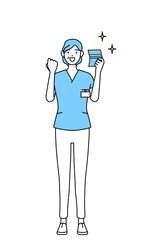 預金通帳を見て喜ぶ中年・シニア女性看護師、理学療法士、作業療法士、言語聴覚士、看護助手