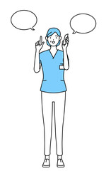 電話をしながら指さしをする中年・シニア女性看護師、理学療法士、作業療法士、言語聴覚士、看護助手