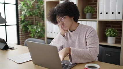 Young african american woman business worker tired using laptop working at office