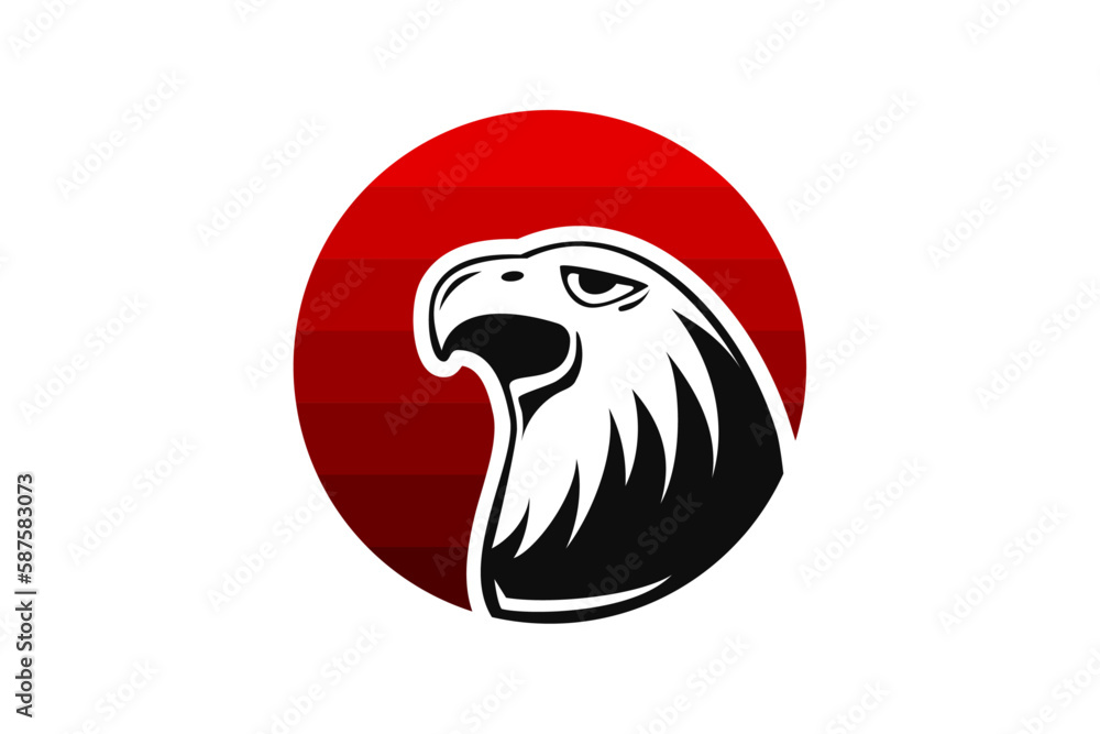 Poster eagle head logo design vector template negative space in multicolored red circle. creative wild bird