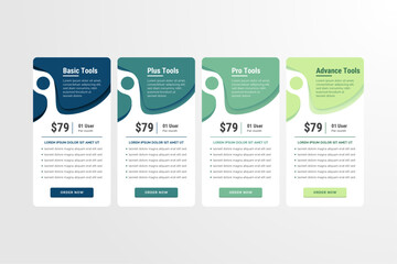 four tariffs. Interface for the site. ui ux vector banner for web app. Pastel pricing table, banner, order, box, button, list and bullet with plan for website in flat design, style. abstract wave.