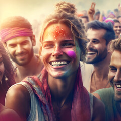 Close up portrait of a beautiful girl. Smilling group of people at the holi party. Festival of Colors. Generative AI