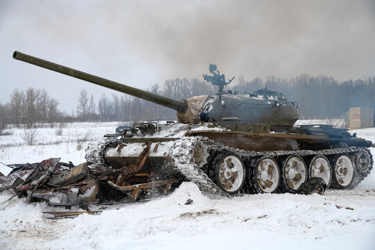 KRASNOYE SELO, RUSSIA - FEBRUARY 19, 2023: A Soviet tank T-54 a close-up on a snowy February day. Training ground of the military-historical park "Steel landing"