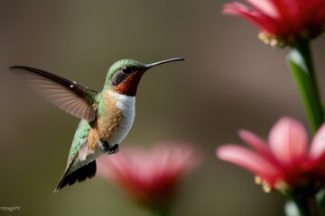 Fototapeta premium Rufous Hummingbird flying and aiming on a flower nectar in a tropical rainforest. Wildlife concept of ecological environment. Generative AI