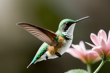 Fototapeta na wymiar Rufous Hummingbird flying and aiming on a flower nectar in a tropical rainforest. Wildlife concept of ecological environment. Generative AI