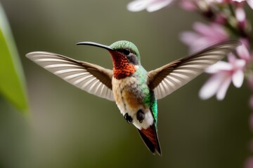 Fototapeta na wymiar Rufous Hummingbird flying and aiming on a flower nectar in a tropical rainforest. Wildlife concept of ecological environment. Generative AI