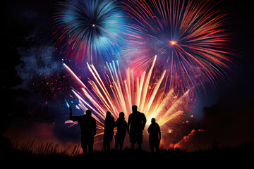 Fototapeta na wymiar three people watching fireworks in the night sky with colorful fireworks behind them, silhouetted against black background. Generative AI