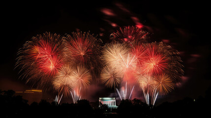 fireworks in the night sky with buildings in the background and people standing on the sidewalk watching them from their phones. Generative AI