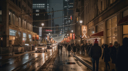 people walking down a city street at night with christmas lights strung across the street and buildings in the background. Generative AI