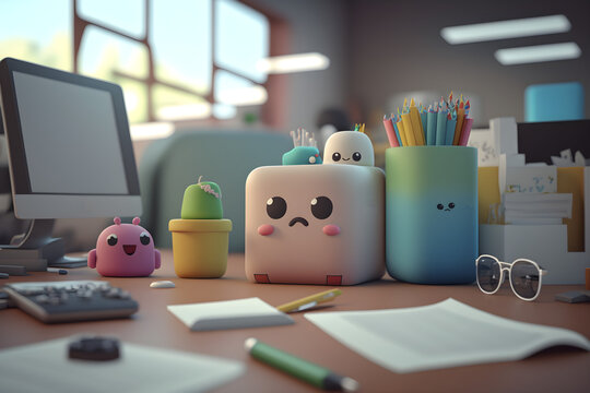 Cute dolls on the work table with 3D and colorful style created with generative AI technology