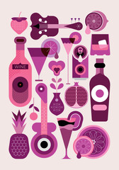 Cocktails, alcohol drink bottles, fruits and music instruments. Set of colored vector icons for cocktail party posters, flyers, websites, etc. Each one of the design element created on separate layer