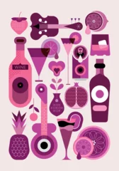 Fotobehang Cocktails, alcohol drink bottles, fruits and music instruments. Set of colored vector icons for cocktail party posters, flyers, websites, etc. Each one of the design element created on separate layer ©  danjazzia