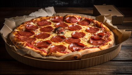 Rustic pizza topped with fresh mozzarella and salami generated by AI