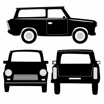 Classic car silhouette on white background. Vehicle icon set view from side, front, back