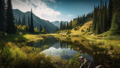 Majestic mountain range, tranquil reflection in pond generated by AI