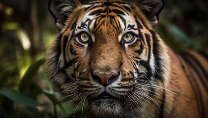 Majestic Bengal tiger staring fiercely at camera generated by AI
