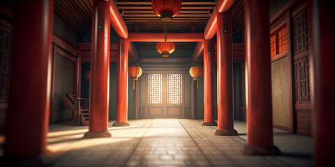 Monastery hallway with wooden red Torii archway - Generative AI