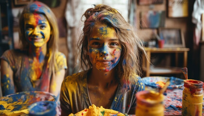 Obraz na płótnie Canvas Smiling caucasian girls enjoy messy painting fun generated by AI