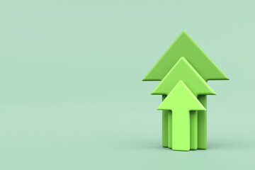 Green stair step to growth success, Green growth arrows pointing up. progress way and forward achievement creative concept, copy space, 3d rendering