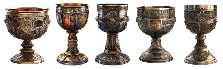 A collection of five different medieval chalices on a transparent background, Generative AI - obrazy, fototapety, plakaty