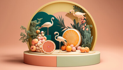 Obraz premium low podium sand with backdrop made of Oranges and Flamingos background Mockup for product placement with Generative AI