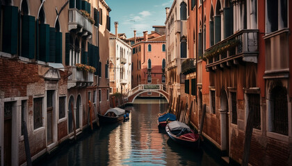 Fototapeta na wymiar Gondola glides through Venetian canals at dusk generated by AI