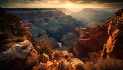 Majestic sunset over eroded sandstone cliff formation generated by AI