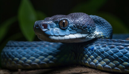 Fototapeta premium Poisonous viper in forest, camouflaged in leaves generated by AI