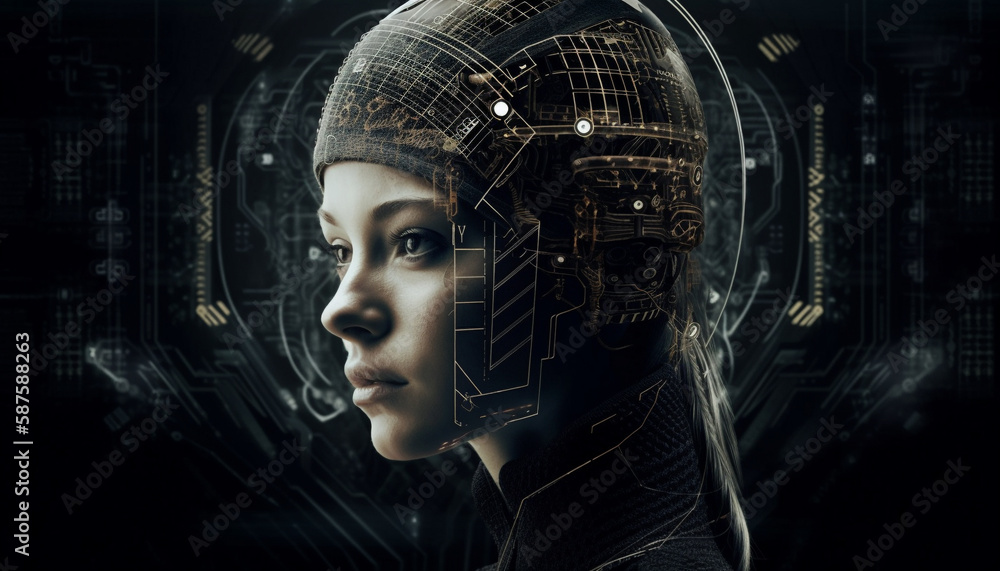 Poster abstract cyber men connect futuristic virtual network generated by ai