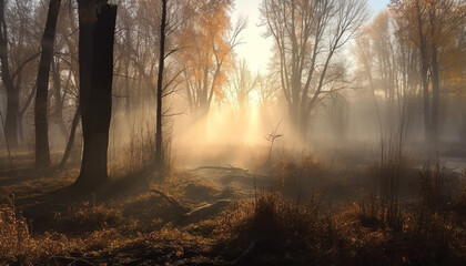Naklejka premium Autumn sunrise, fog on the meadow, mystery generated by AI