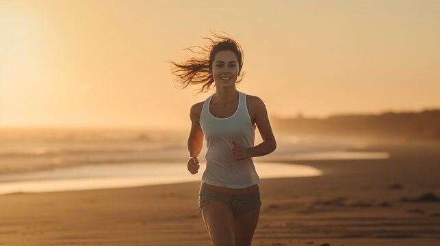 a happy fitness girl 20 years old running on a beach with Generative AI