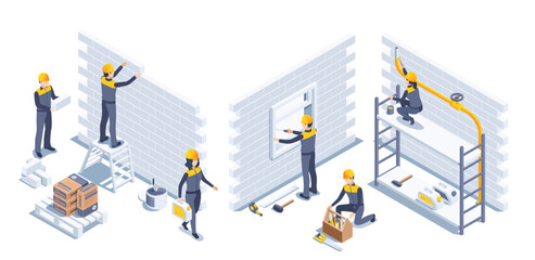 isometric vector illustration on a white background, people in overalls work at a construction site, external construction work