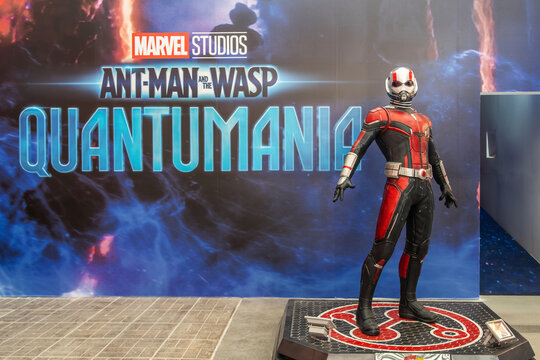 BANGKOK, THAILAND - 25 March, 2023 : Closeup Ant-Man Statue Figure Model of a movie called Ant-Man 3 and the Wasp : Quantumania displays at the cinema to promote the movie