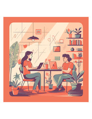 Illustration of men and women working at home with a laptop.