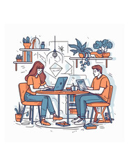 Illustration of men and women working at home with a laptop.