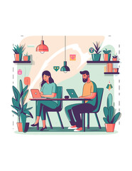 Illustration of men and women working at home with a laptop.