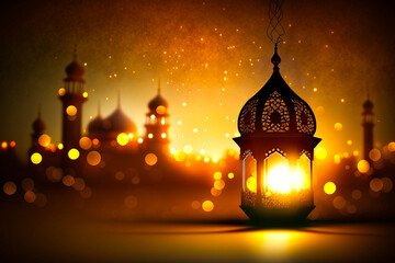 Fototapeta na wymiar Ai generated image of classic lamp with mosque shape with eid fitr celebration event.