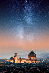 Santa Maria del Fiore Cathedral under epic stars of the milky way in Florence, Italy - 587590095