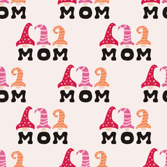 Mothers Day seamless pattern with cute gnomes, mother day wallpaper background for packaging. Holiday designs for printing on clothing, scrapbooking, decor. Stock vector